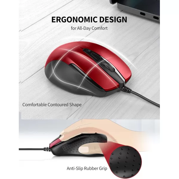 TECKNET USB Wired Mouse 6Button Corded Mouse with 4 Adjustable DPI Optical Computer Mouse with Ergonomic Design and 5FT Cord for Laptop Chromebook PC Desktop Mac NotebookGrayRed
