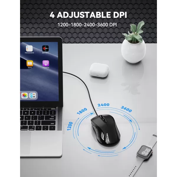 TECKNET Wired Mouse for Laptop 3600DPI USB Mouse with 6Button Optical Computer Mouse Wired Home and Office 5FT Corded Ergonomic Mouse for PC Desktop USB Plug ampamp Play NO Battery RequiredGreyBlack