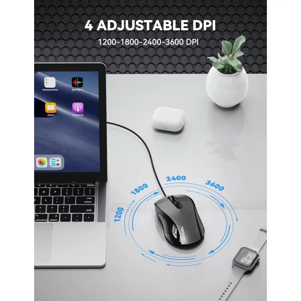 TECKNET Wired Mouse for Laptop 3600DPI USB Mouse with 6Button Optical Computer Mouse Wired Home and Office 5FT Corded Ergonomic Mouse for PC Desktop USB Plug ampamp Play NO Battery RequiredGreyGrey