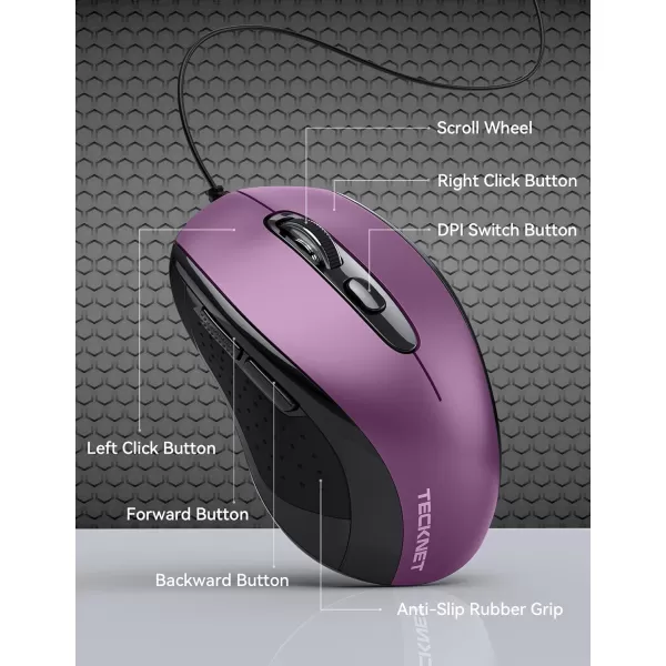 TECKNET Wired Mouse for Laptop 3600DPI USB Mouse with 6Button Optical Computer Mouse Wired Home and Office 5FT Corded Ergonomic Mouse for PC Desktop USB Plug ampamp Play NO Battery RequiredGreyPurple