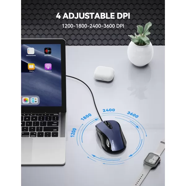 TECKNET Wired Mouse for Laptop 3600DPI USB Mouse with 6Button Optical Computer Mouse Wired Home and Office 5FT Corded Ergonomic Mouse for PC Desktop USB Plug ampamp Play NO Battery RequiredGreyBlue