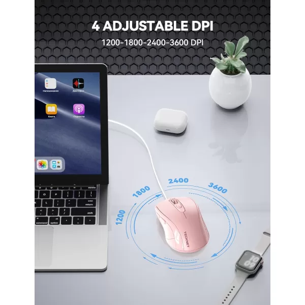 TECKNET Wired Mouse for Laptop 3600DPI USB Mouse with 6Button Optical Computer Mouse Wired Home and Office 5FT Corded Ergonomic Mouse for PC Desktop USB Plug ampamp Play NO Battery RequiredGreypink