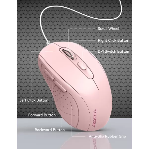 TECKNET Wired Mouse for Laptop 3600DPI USB Mouse with 6Button Optical Computer Mouse Wired Home and Office 5FT Corded Ergonomic Mouse for PC Desktop USB Plug ampamp Play NO Battery RequiredGreypink