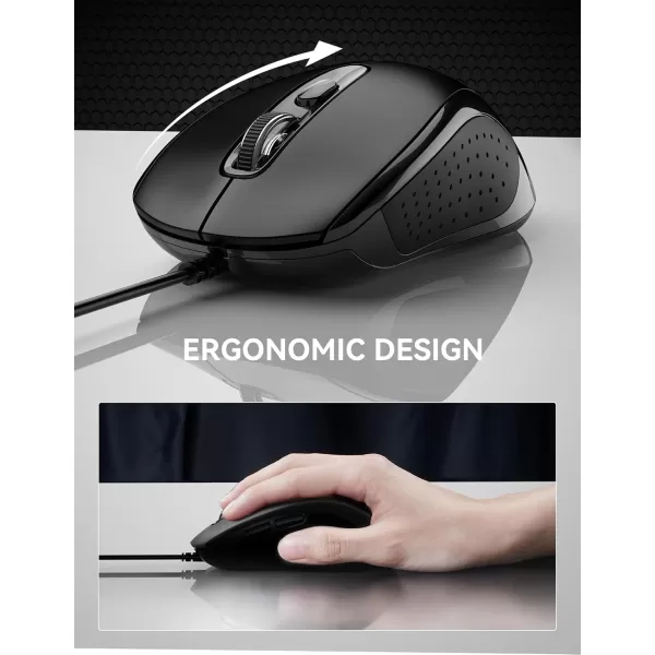 TECKNET Wired Mouse for Laptop 3600DPI USB Mouse with 6Button Optical Computer Mouse Wired Home and Office 5FT Corded Ergonomic Mouse for PC Desktop USB Plug ampamp Play NO Battery RequiredGreyDark Black