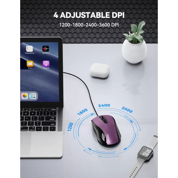 TECKNET Wired Mouse for Laptop 3600DPI USB Mouse with 6Button Optical Computer Mouse Wired Home and Office 5FT Corded Ergonomic Mouse for PC Desktop USB Plug ampamp Play NO Battery RequiredGreyPurple