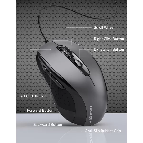 TECKNET Wired Mouse for Laptop 3600DPI USB Mouse with 6Button Optical Computer Mouse Wired Home and Office 5FT Corded Ergonomic Mouse for PC Desktop USB Plug ampamp Play NO Battery RequiredGreyGrey