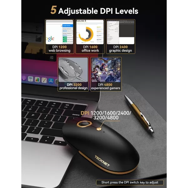 TECKNET Wireless Bluetooth Mouse 3 ModeDual Bluetooth24Ghz Silent Computer Mouse Bluetooth Compatible with Chromebook MacBook Pro Air Ambidextrous Portable Travel Mouse for Laptop PCBlack Gold