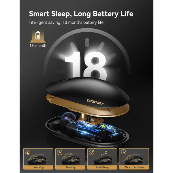TECKNET Wireless Bluetooth Mouse 3 ModeDual Bluetooth24Ghz Silent Computer Mouse Bluetooth Compatible with Chromebook MacBook Pro Air Ambidextrous Portable Travel Mouse for Laptop PCBlack Gold