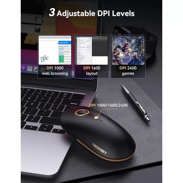 TECKNET Wireless Bluetooth Mouse 3 ModeDual Bluetooth24Ghz Silent Computer Mouse Bluetooth Compatible with Chromebook MacBook Pro Air Ambidextrous Portable Travel Mouse for Laptop PCBlack Gold