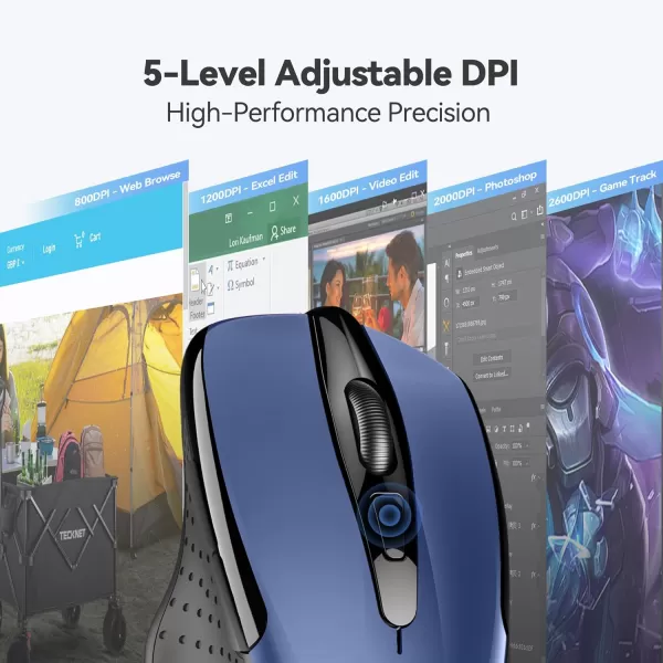 TECKNET Wireless Mouse 24G Ergonomic Optical Mouse Computer Mouse for Laptop PC Computer Chromebook Notebook 6 Buttons 24 Months Battery Life 2600 DPI 5 Adjustment LevelsBlue