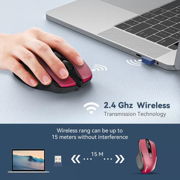 TECKNET Wireless Mouse 24G Ergonomic Optical Mouse Computer Mouse for Laptop PC Computer Chromebook Notebook 6 Buttons 24 Months Battery Life 2600 DPI 5 Adjustment Levelsred
