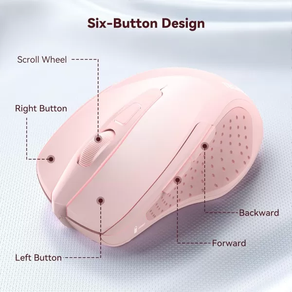TECKNET Wireless Mouse 24G Ergonomic Optical Mouse Computer Mouse for Laptop PC Computer Chromebook Notebook 6 Buttons 24 Months Battery Life 2600 DPI 5 Adjustment LevelsPink