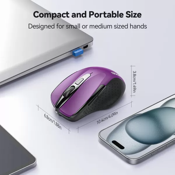 TECKNET Wireless Mouse 24G Ergonomic Optical Mouse Computer Mouse for Laptop PC Computer Chromebook Notebook 6 Buttons 24 Months Battery Life 2600 DPI 5 Adjustment LevelsPurple