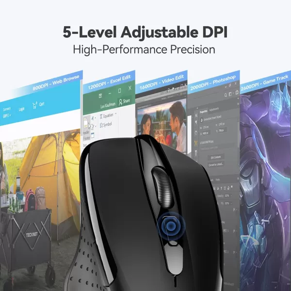 TECKNET Wireless Mouse 24G Ergonomic Optical Mouse Computer Mouse for Laptop PC Computer Chromebook Notebook 6 Buttons 24 Months Battery Life 2600 DPI 5 Adjustment LevelsBlack