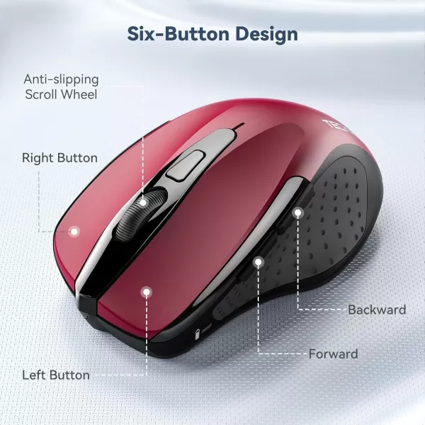 TECKNET Wireless Mouse 24G Ergonomic Optical Mouse Computer Mouse for Laptop PC Computer Chromebook Notebook 6 Buttons 24 Months Battery Life 2600 DPI 5 Adjustment Levelsred