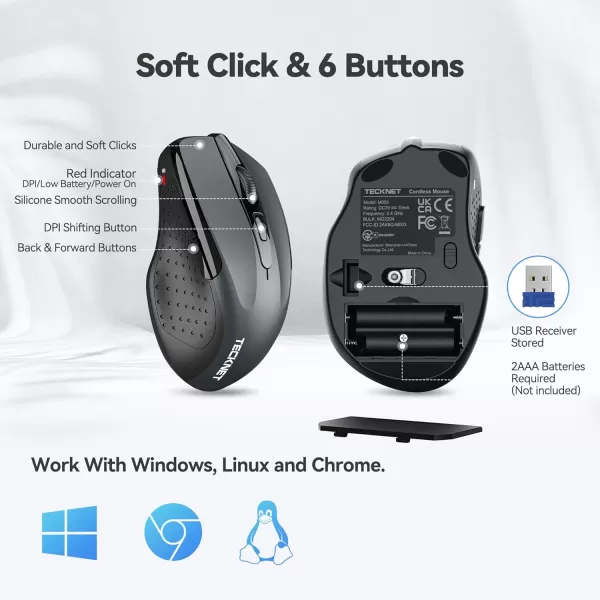 TECKNET Wireless Mouse 24G Ergonomic Optical Mouse Computer Mouse for Laptop PC Computer Chromebook Notebook 6 Buttons 24 Months Battery Life 2600 DPI 5 Adjustment LevelsGrey