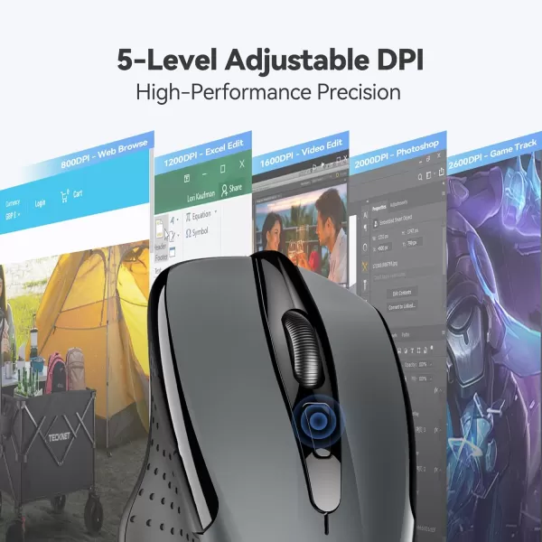 TECKNET Wireless Mouse 24G Ergonomic Optical Mouse Computer Mouse for Laptop PC Computer Chromebook Notebook 6 Buttons 24 Months Battery Life 2600 DPI 5 Adjustment LevelsGrey