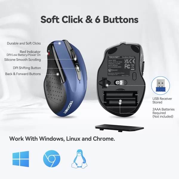 TECKNET Wireless Mouse 24G Ergonomic Optical Mouse Computer Mouse for Laptop PC Computer Chromebook Notebook 6 Buttons 24 Months Battery Life 2600 DPI 5 Adjustment LevelsBlue