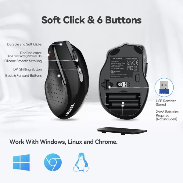 TECKNET Wireless Mouse 24G Ergonomic Optical Mouse Computer Mouse for Laptop PC Computer Chromebook Notebook 6 Buttons 24 Months Battery Life 2600 DPI 5 Adjustment LevelsBlack