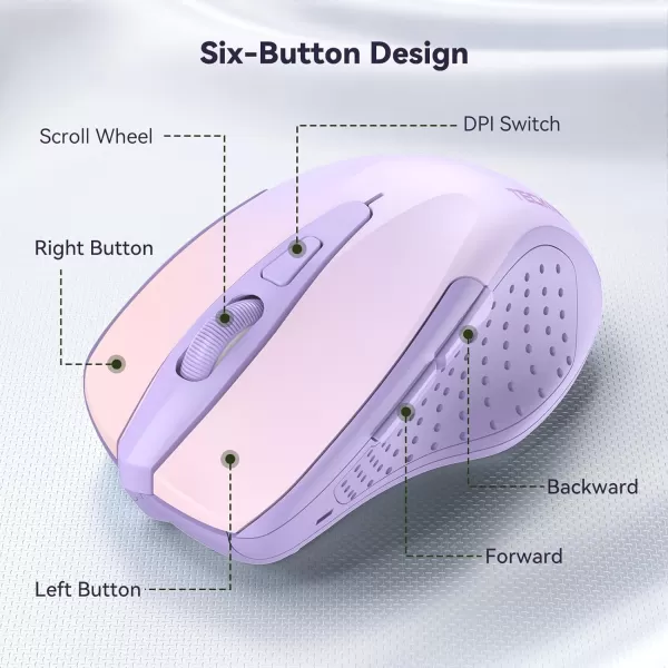 TECKNET Wireless Mouse 24G Ergonomic Optical Mouse Computer Mouse for Laptop PC Computer Chromebook Notebook 6 Buttons 24 Months Battery Life 2600 DPI 5 Adjustment LevelsGradient Lavender