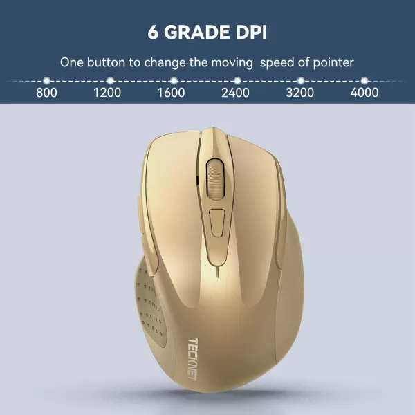 TECKNET Wireless Mouse 24G Ergonomic Optical Mouse Computer Mouse for Laptop PC Computer Chromebook Notebook 6 Buttons 24 Months Battery Life 2600 DPI 5 Adjustment LevelsGold