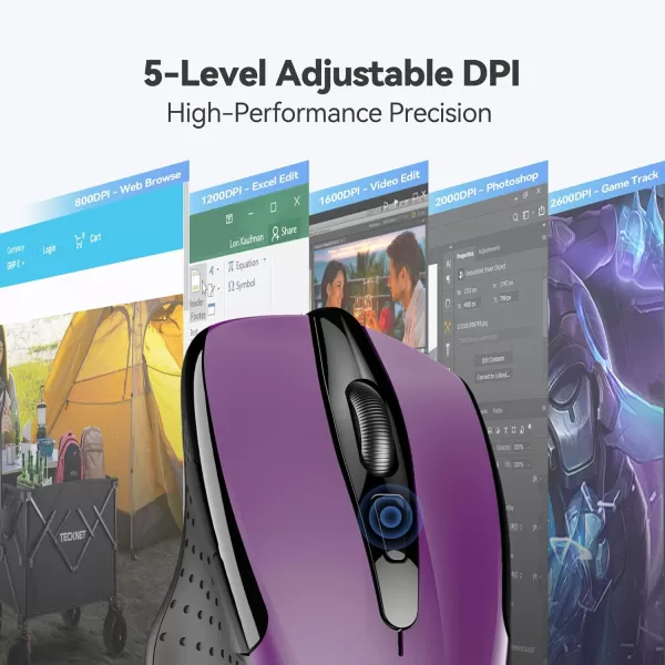 TECKNET Wireless Mouse 24G Ergonomic Optical Mouse Computer Mouse for Laptop PC Computer Chromebook Notebook 6 Buttons 24 Months Battery Life 2600 DPI 5 Adjustment LevelsPurple