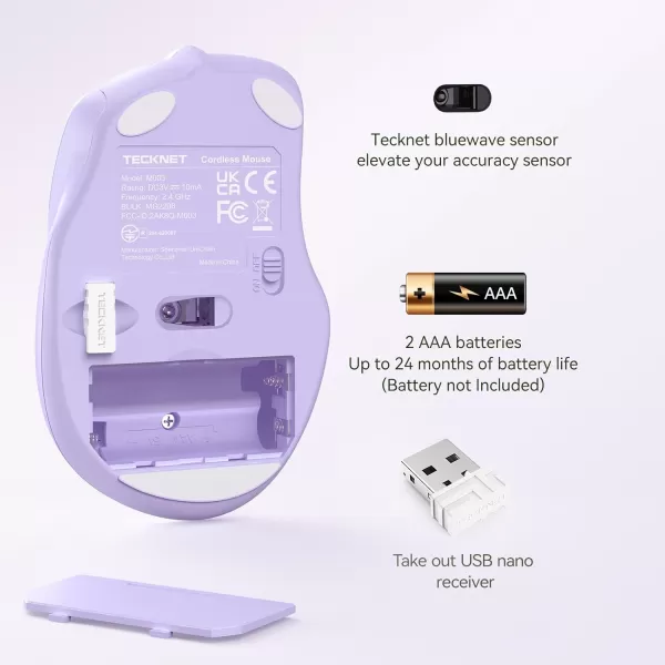 TECKNET Wireless Mouse 24G Ergonomic Optical Mouse Computer Mouse for Laptop PC Computer Chromebook Notebook 6 Buttons 24 Months Battery Life 2600 DPI 5 Adjustment LevelsGradient Lavender