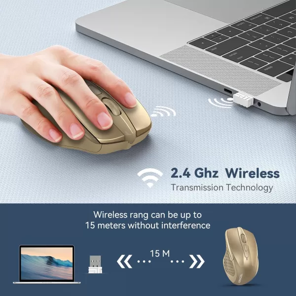 TECKNET Wireless Mouse 24G Ergonomic Optical Mouse Computer Mouse for Laptop PC Computer Chromebook Notebook 6 Buttons 24 Months Battery Life 2600 DPI 5 Adjustment LevelsGold