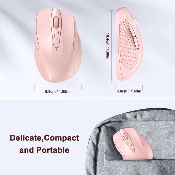 TECKNET Wireless Mouse 24G Ergonomic Optical Mouse Computer Mouse for Laptop PC Computer Chromebook Notebook 6 Buttons 24 Months Battery Life 2600 DPI 5 Adjustment LevelsPink