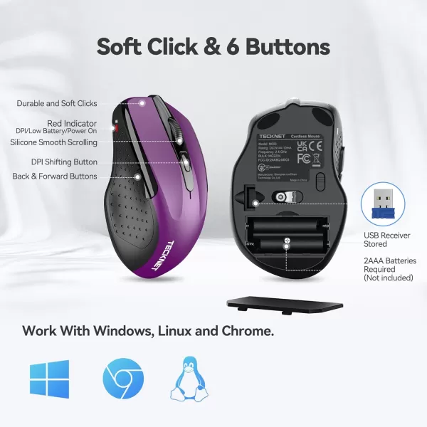 TECKNET Wireless Mouse 24G Ergonomic Optical Mouse Computer Mouse for Laptop PC Computer Chromebook Notebook 6 Buttons 24 Months Battery Life 2600 DPI 5 Adjustment LevelsPurple
