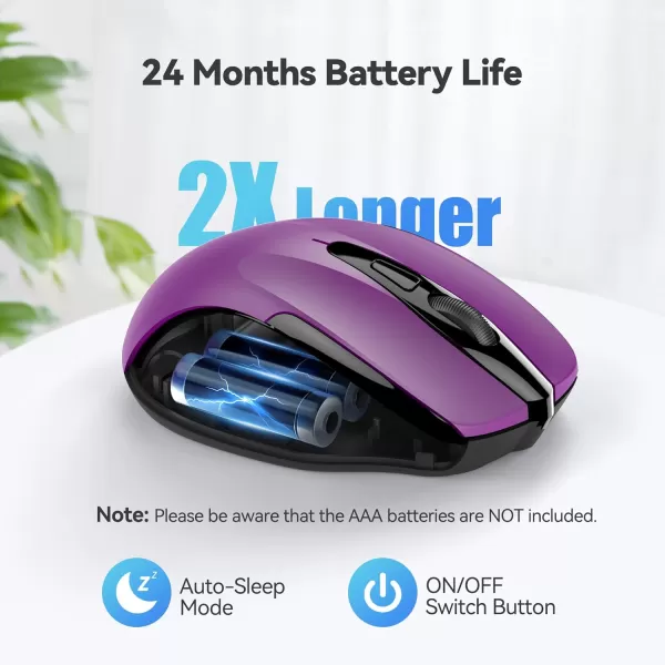 TECKNET Wireless Mouse 24G Ergonomic Optical Mouse Computer Mouse for Laptop PC Computer Chromebook Notebook 6 Buttons 24 Months Battery Life 2600 DPI 5 Adjustment LevelsPurple