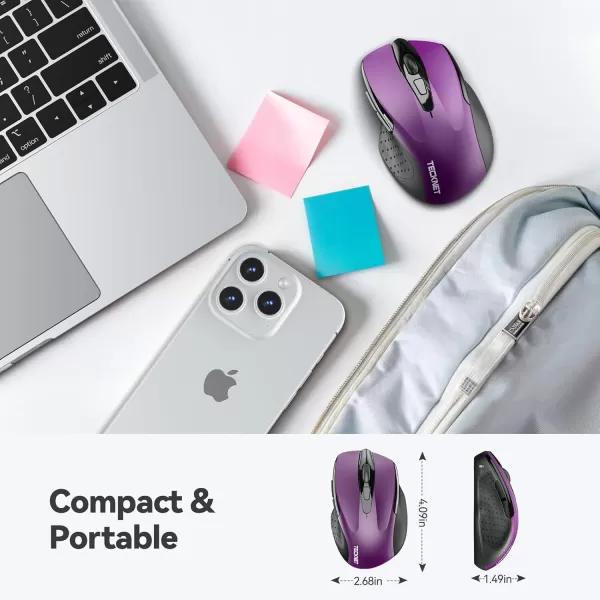TECKNET Wireless Mouse 24G Ergonomic Optical Mouse Computer Mouse for Laptop PC Computer Chromebook Notebook 6 Buttons 24 Months Battery Life 2600 DPI 5 Adjustment LevelsPurple