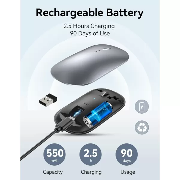 TECKNET Wireless Mouse BT5030 24GHz Silent Computer Mouse with USB Receiver4000DPI Rechargeable Portable Bluetooth Mouse for LaptopMacBookProiPadWindowsSliver