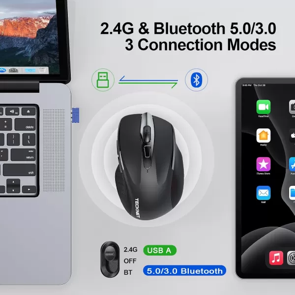 TECKNET Wireless Mouse BT5030 ampamp 24G Rechargeable 4800 DPI Silent Mouse 8 Buttons Bluetooth Mouse USB A Mouse Wide Compatibility  GreyBlack