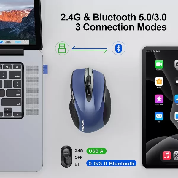 TECKNET Wireless Mouse BT5030 ampamp 24G Rechargeable 4800 DPI Silent Mouse 8 Buttons Bluetooth Mouse USB A Mouse Wide Compatibility  GreyBlue