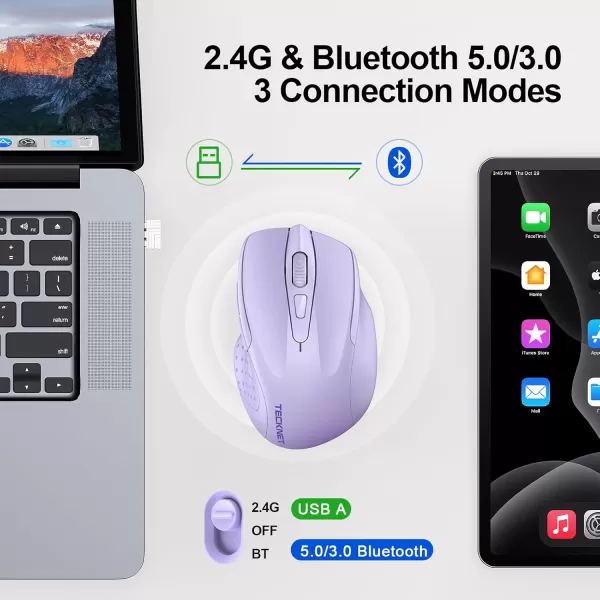 TECKNET Wireless Mouse BT5030 ampamp 24G Rechargeable 4800 DPI Silent Mouse 8 Buttons Bluetooth Mouse USB A Mouse Wide Compatibility  GreyLavender