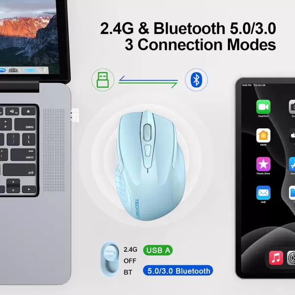 TECKNET Wireless Mouse BT5030 ampamp 24G Rechargeable 4800 DPI Silent Mouse 8 Buttons Bluetooth Mouse USB A Mouse Wide Compatibility  GreyLightblue