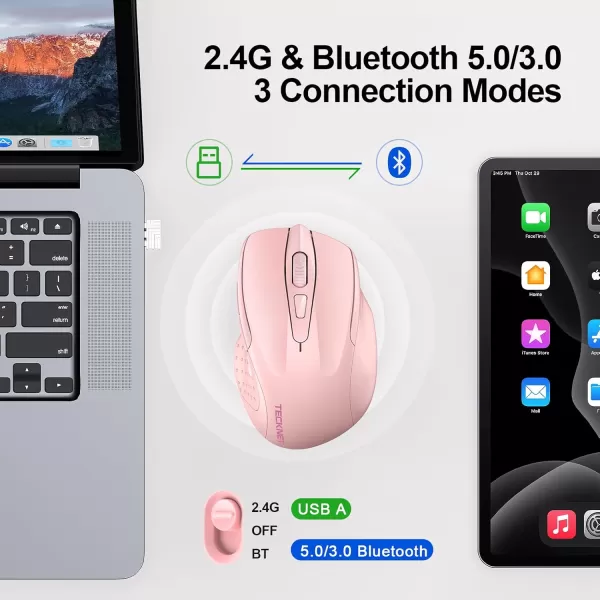 TECKNET Wireless Mouse BT5030 ampamp 24G Rechargeable 4800 DPI Silent Mouse 8 Buttons Bluetooth Mouse USB A Mouse Wide Compatibility  GreyPink