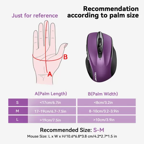 TECKNET Wireless Mouse BT5030 ampamp 24G Rechargeable 4800 DPI Silent Mouse 8 Buttons Bluetooth Mouse USB A Mouse Wide Compatibility  GreyPurple