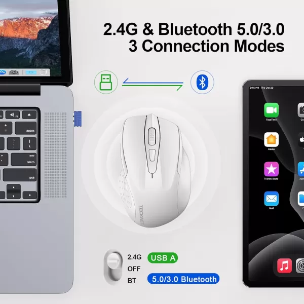TECKNET Wireless Mouse BT5030 ampamp 24G Rechargeable 4800 DPI Silent Mouse 8 Buttons Bluetooth Mouse USB A Mouse Wide Compatibility  GreyWhite
