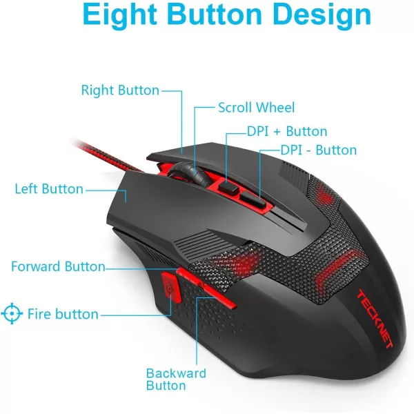 TECKNET Wireless Mouse USB Cordless Computer Mouse with 8 Buttons Ergonomic Design HighPrecision 5 Adjustable DPI for PCMacLaptopRed