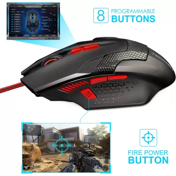 TECKNET Wireless Mouse USB Cordless Computer Mouse with 8 Buttons Ergonomic Design HighPrecision 5 Adjustable DPI for PCMacLaptopRed