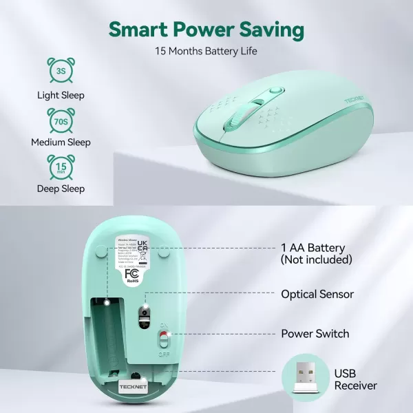 TECKNET Wireless Mouse for Laptop 24G Quiet Computer Mouse with USB Receiver 4 Buttons Portable Cordless Mice for Chromebook Laptop PC Mac 80012001600 DPI  Mint GreenMint Green