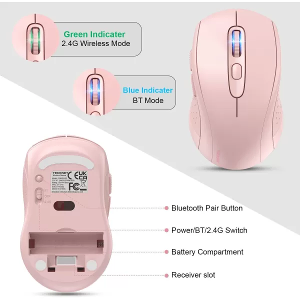 TECKNET Wireless Mouse for Laptop 24G Wireless Computer Mouse 5Level Adjustable 4800 DPI Silent Mouse with Receiver ampamp 6 Buttons 18 Months Battery Life USB Portable Mouse for Mac ChromebookPink