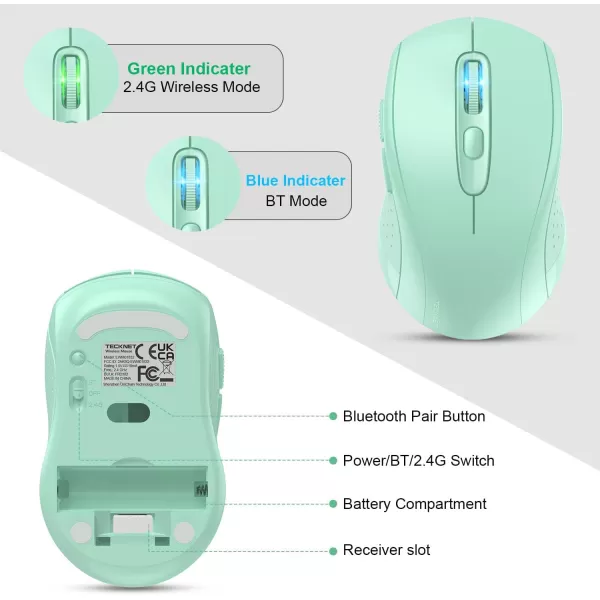 TECKNET Wireless Mouse for Laptop 24G Wireless Computer Mouse 5Level Adjustable 4800 DPI Silent Mouse with Receiver ampamp 6 Buttons 18 Months Battery Life USB Portable Mouse for Mac ChromebookGreen