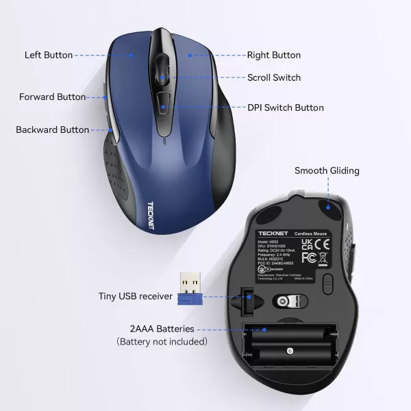 TECKNET Wireless Mouse for Laptop Silent Mouse Quiet Click 24G USB Optical Mouse for Computer 6 Adjustable 4000 DPI Computer Mice  PurpleDark blue