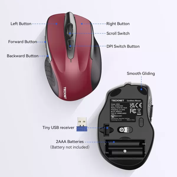 TECKNET Wireless Mouse for Laptop Silent Mouse Quiet Click 24G USB Optical Mouse for Computer 6 Adjustable 4000 DPI Computer Mice  PurpleRed