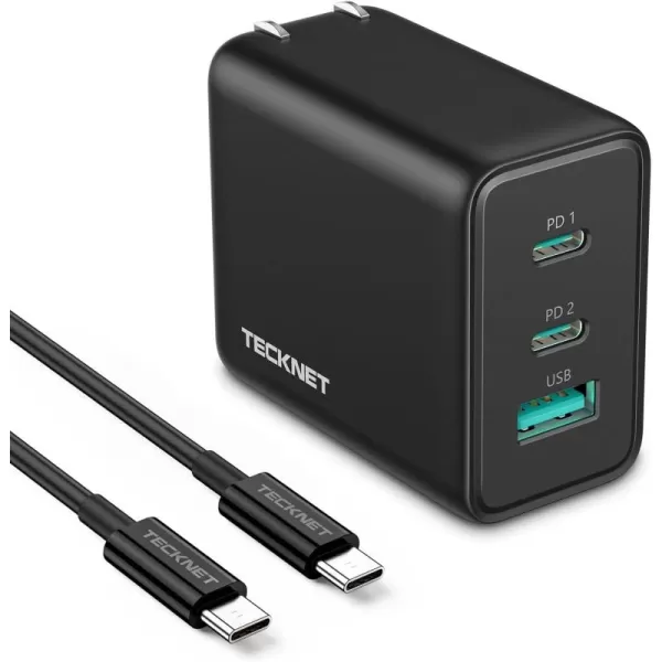 TECKNET USB C Charger 65W PD 30 GaN Charger Type C Foldable Adapter with 3Port Fast Wall Charger Compatible with iPhone 15 Pro Max15 Plus15 Pro15141312MacBook ProiPadSwitchGalaxy S23Dark Black