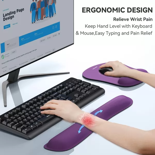 TECKNET Keyboard Wrist Rest and Mouse Pad with Wrist Support Memory Foam Set for ComputerLaptopMac Lightweight for Easy Typing ampamp Pain Relief Ergonomic Mousepad PinkPurple