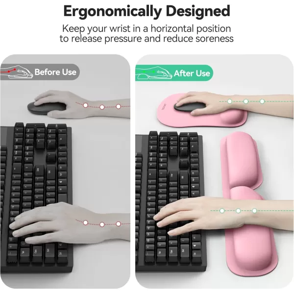 TECKNET Keyboard Wrist Rest and Mouse Pad with Wrist Support Memory Foam Set for ComputerLaptopMac Lightweight for Easy Typing ampamp Pain Relief Ergonomic Mousepad PinkMorandi Pink